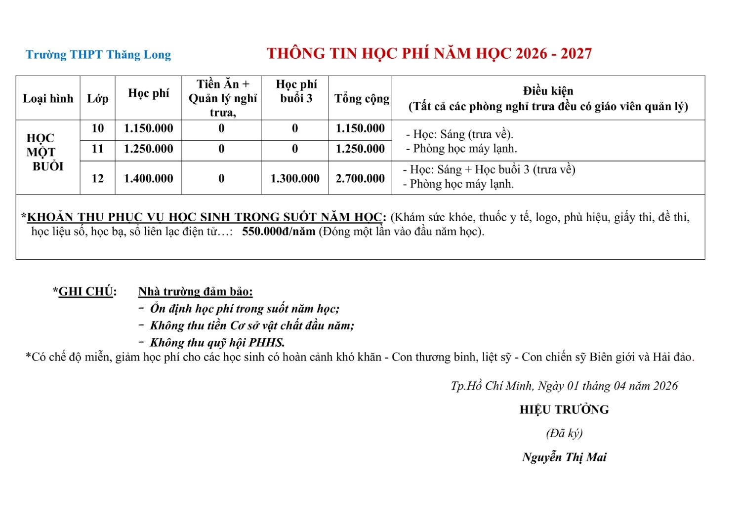 HỌC PHÍ MỘT BUỔI 2026 2027